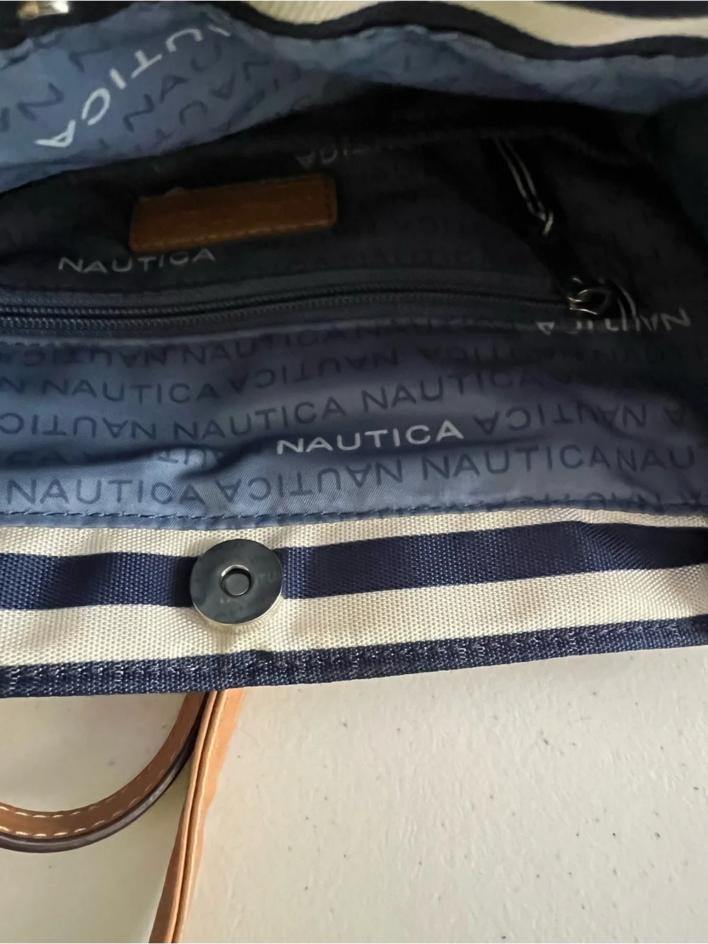 Striped Navy and Tan Convertible Tote Bag by Nautica